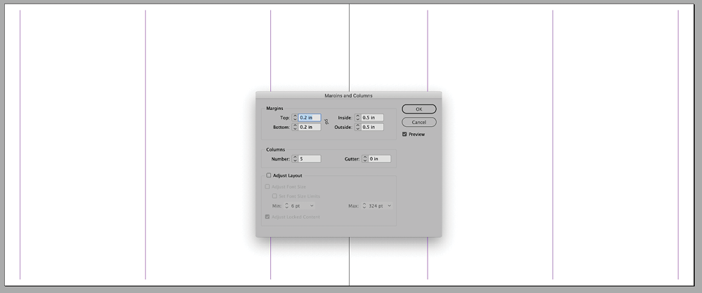 Setting up your file as landscape will let you use the Margins and Columns settings to split your page into five rows, one for each tab bank.