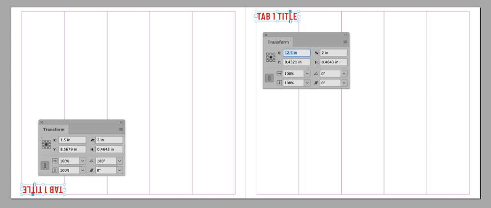 The master spread for the first tab bank in an InDesign template