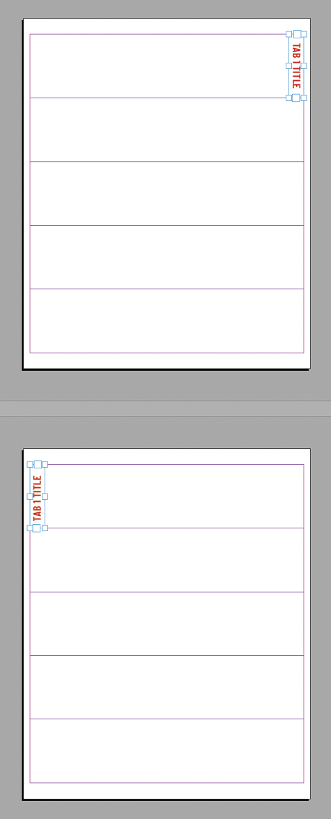 Document pages based on the master spread for the first tab bank, viewed with spreads rotated 90° Clockwise.