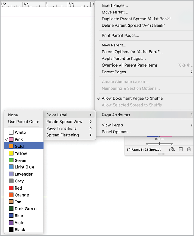 Color code your parent pages and document pages with the Color Label command from the Pages panel menu in InDesign
