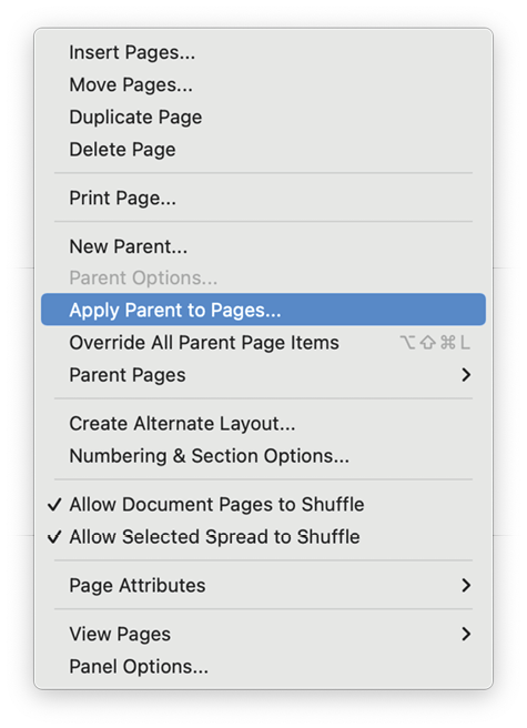 Using Apply Parent to Pages in the Pages panel menu in InDesign