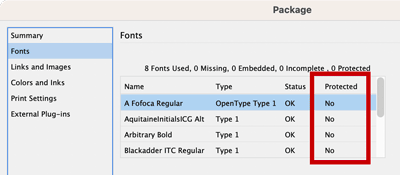 InDesign package feature with unprotected fonts highlighted