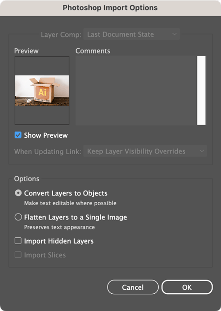 Photoshop Import Options dialog box in Adobe Illustrator