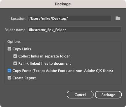 Adobe Illustrator Package dialog box