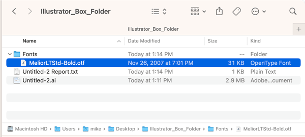 A packaged Illustrator file with the fonts from a placed Photoshop file