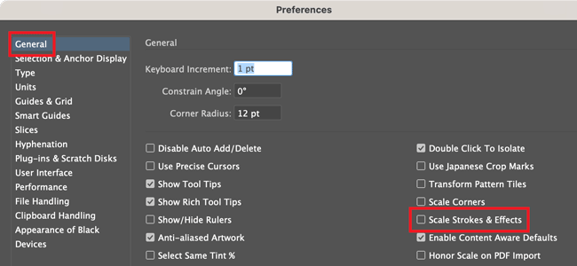 Adobe Illustrator preferences dialog box showing General settings and Scale Strokes and Effects turned off