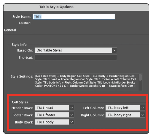 InDesign Table Style Options dialog box with Cell Style options highlighted