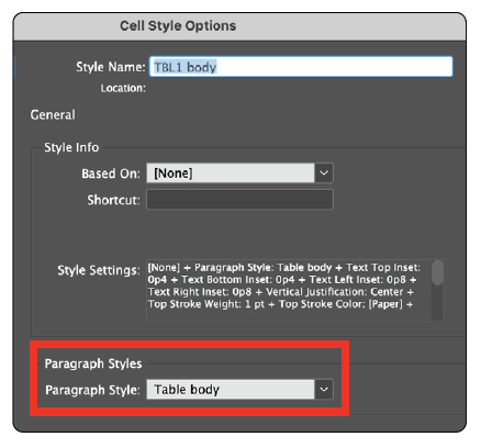 InDesign Cell Style Options dialog box with Paragraph Style options highlighted