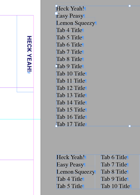 text variables showing the content of each tab in the InDesign template