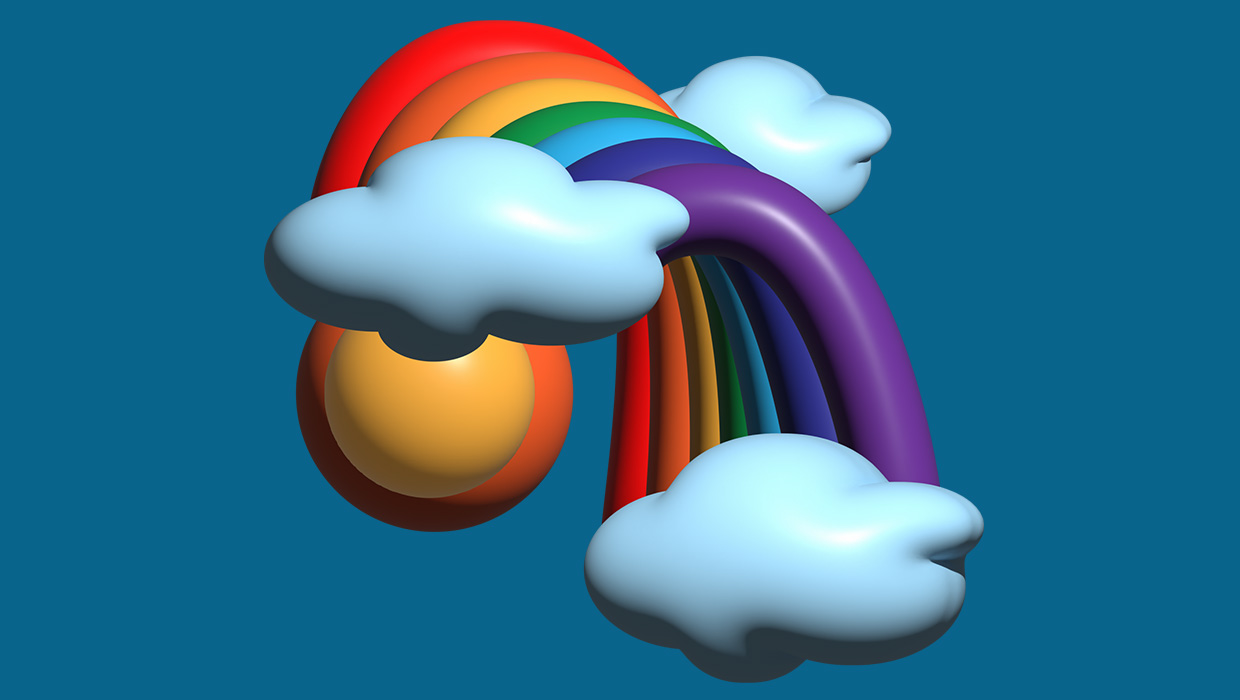 three dimensional rainbow with clouds and sun, created in Adobe Illustrator