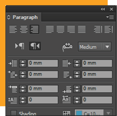 The ME version of InDesign Paragraph panel with features specific to right-to-left typesetting, and the interface in English