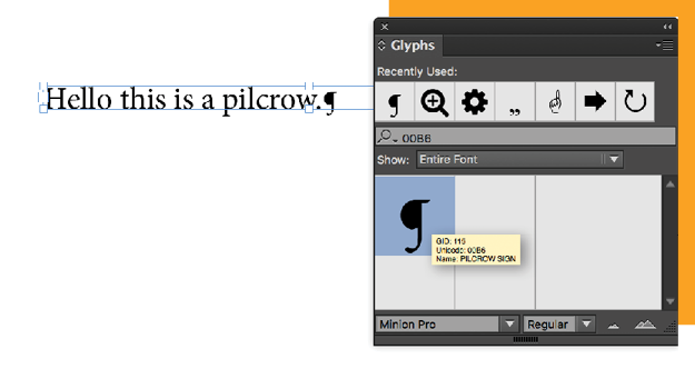 Using the Glyphs panel in InDesign to search for Unicode values by hovering over a glyph to see the Glyph ID or Unicode value