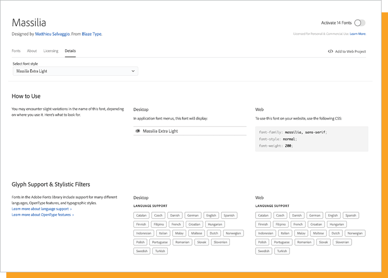 Details on the Adobe Fonts website showing the languages supported by a font