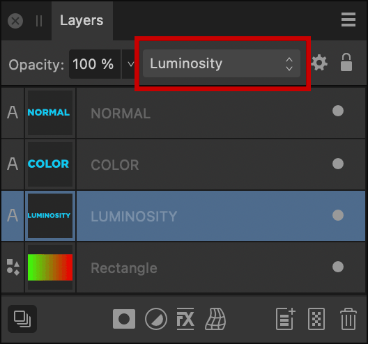 Layers panel in Affinity Designer showing the Luminosity blend mode applied to a layer