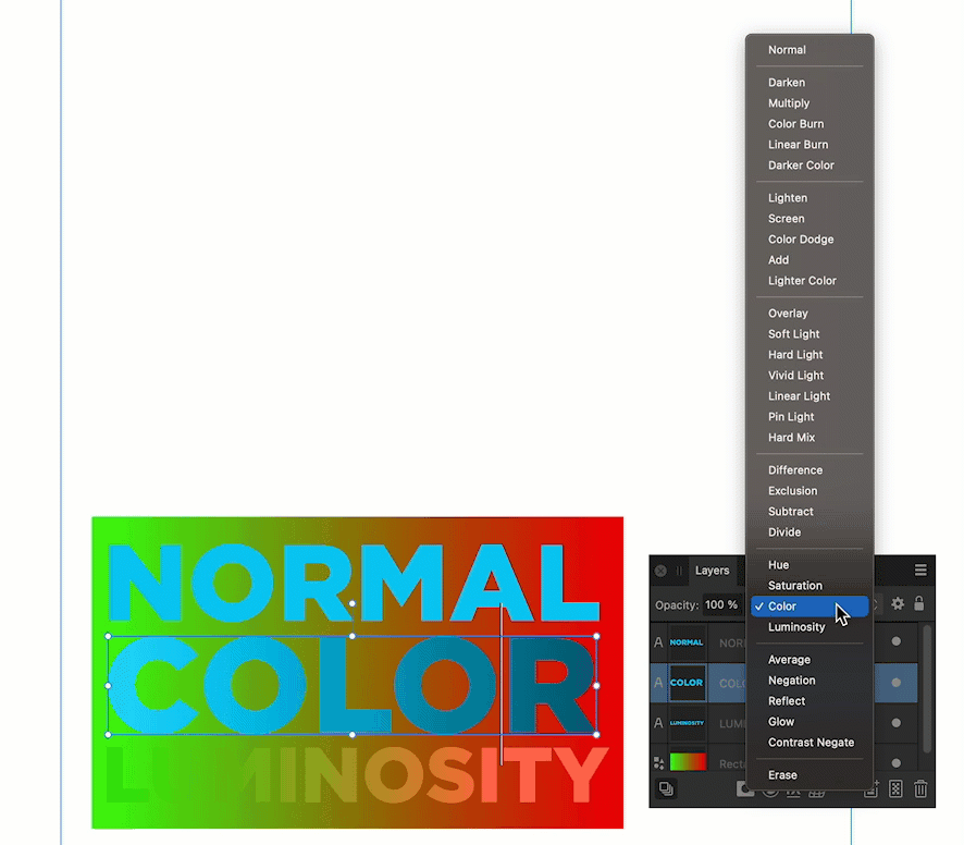 an animation showing the effects of different blend modes in Affinity Designer