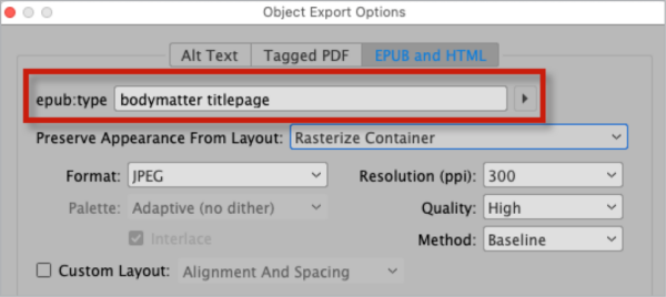 Object export items dialog box shows highlight on field "epub:type", with "body matter titlepage" entered