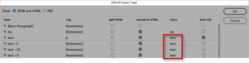 Edit All Export Tags dialog box shows rows for text, text-5, text-10, text+5 with values for column Class highlighted. All map to Class "text."