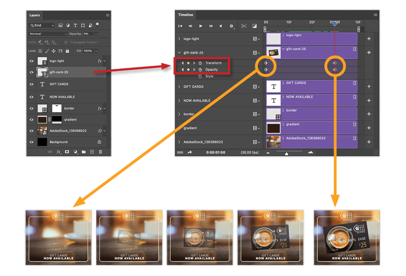 Figure 11. Animating a Smart Object converts the Position property into a Transform property, letting you animate the object’s Scale and Rotation in addition to its position.