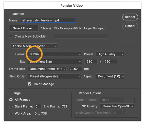 Figure 14. With the Render Video dialog box, you can convert your video timeline, using the Adobe Media Encoder, to a video file suitable for web, social media, presentations, and more.