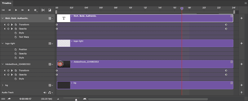 Figure 3. A video-based timeline, where the animation comes from changing nondestructive layer properties, such as position, opacity, and effects, on keyframes