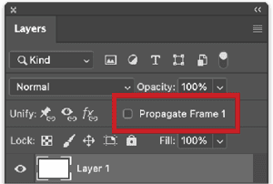 Figure 5. The Propagate Frame 1 option appears in the Layers panel when you work with a frame-based animation.