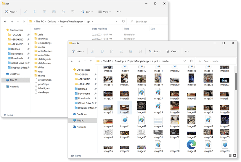 Figure 5. By changing the file extension on a PowerPoint file to .zip, you can “break into” the file to access its text and media as shown here using File Explorer (Windows).