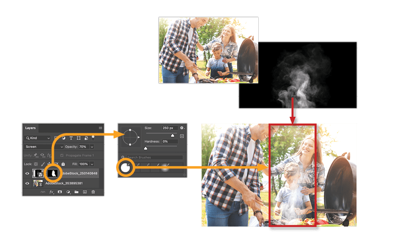 Figure 9. A realistic smoke effect is added to this animation by painting a layer mask on the smoke layer and using the Screen blend mode with lowered opacity.