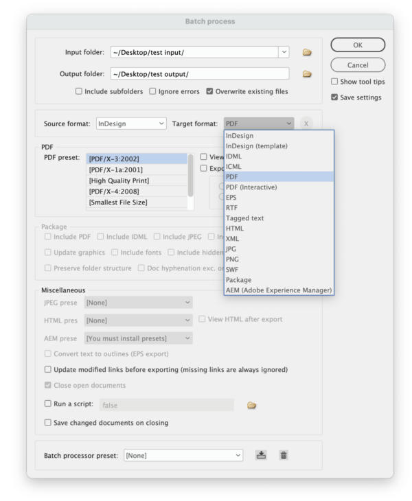 Dialog box "Batch Process" shows input folder, output folder, source format, target format, options for PDF, options for packaged files, miscellaneous options