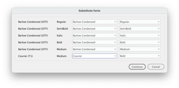 Dialog box for Substitute Fonts shows missing fonts and menus for selecting replacements