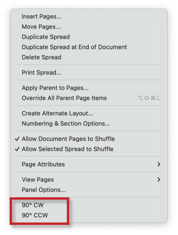 Pages panel menu with additional options for rotating 90° clockwise and 90° counterclockwise