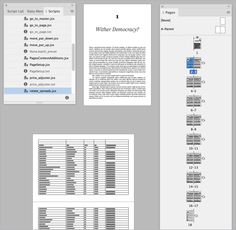 InDesign pages on screen and pages panel show second spread with horizontal table rotated