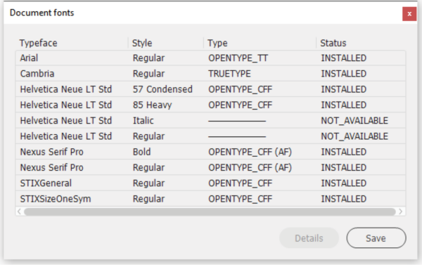 Dialog box for Document fonts shows list of fonts used with columns for typeface, style, type, and status.