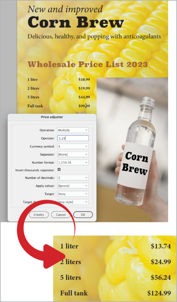 Sample price list document shows range of prices before and after. Dialog box for price adjuster shows fields for operation, operator, currency symbol, separator, number format, insert thousands separator, decimals, color,