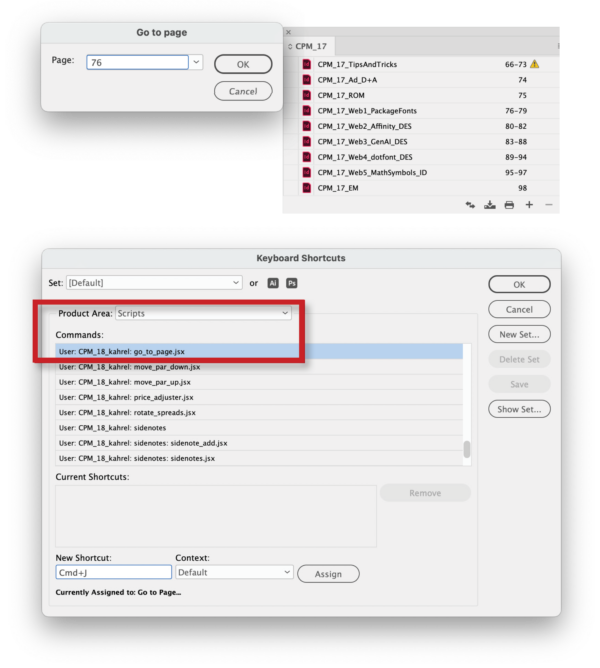 Dialog box for Go to Page, plus keyboard shortcuts dialog box that shows assignment of keyboard shortcut to script