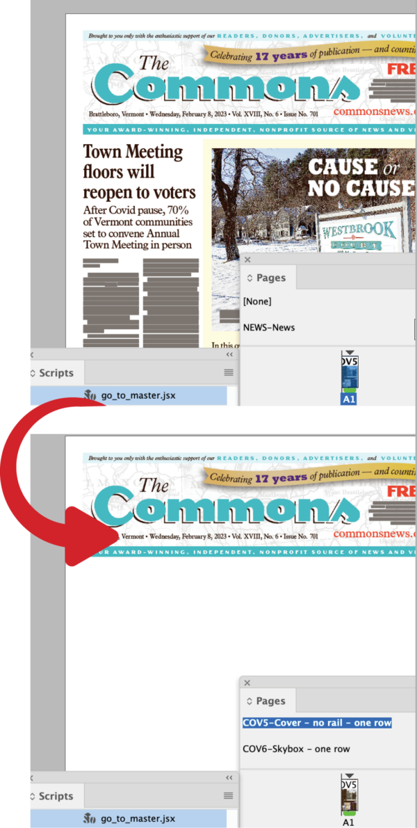 Top image shows front page of newspaper with arrow to image of parent page selected after invoking go_to_master.jsx