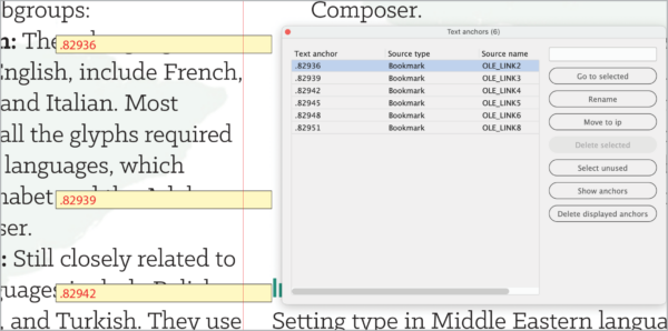 Dialog box Text Anchors (6) with columns for text anchor, source type, and source name. Underneath dialog box is screen shot of page with the names of the text anchors superimposed in yellow text frames.