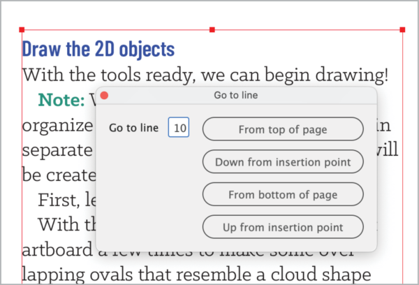 Dialog box "Go to line" shows field for line number and buttons: from top of page, down from insertion point, from bottom of page, up from insertion point.