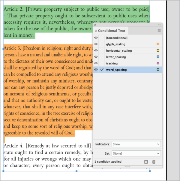conditional text panel shows conditions defined: unconditional, glyph_scaling, horizontal_scaling, letter_spacing, tracking, word_spacing (checked). Document text shows one paragraph highlighted in green (word spacing), one in orange (glyph scaling)