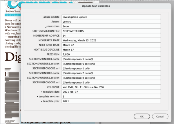 dialog box "update text variables" shows fields for 19 text variables and their values in example document