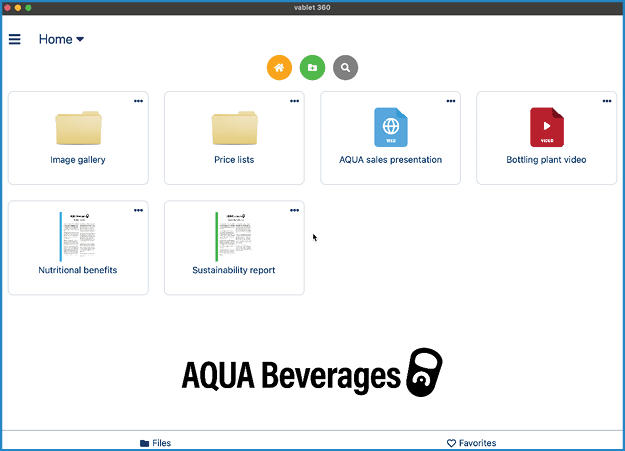 The main vablet screen on an iPad, customized for an AQUA Beverages salesperson