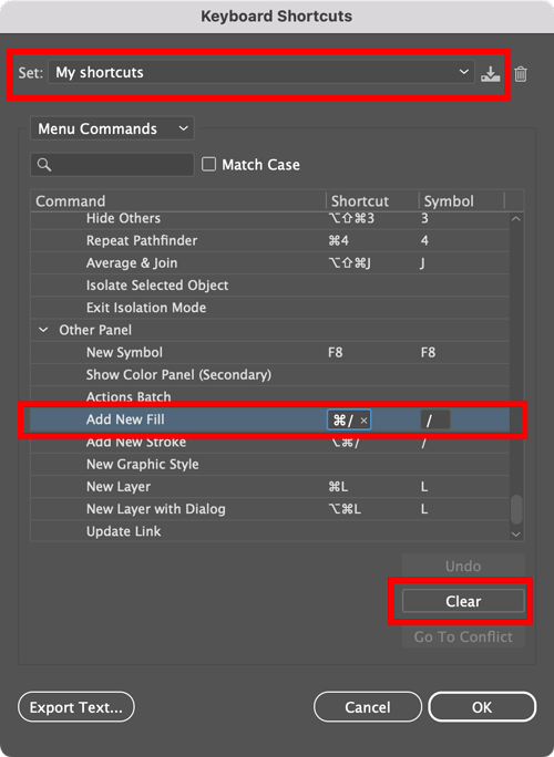 How to remove a keyboard shortcut in Adobe Illustrator