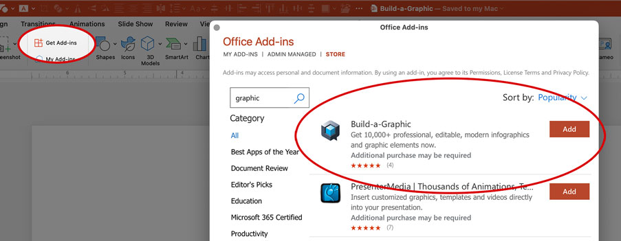 Figure 1. Install the Build-a-Graphic add-in from the Office Add-in Store via the Get Add-ins button on the Home tab.