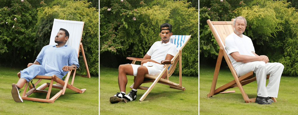 Figure 30. A prompt for a man in a deckchair produces some scary results.