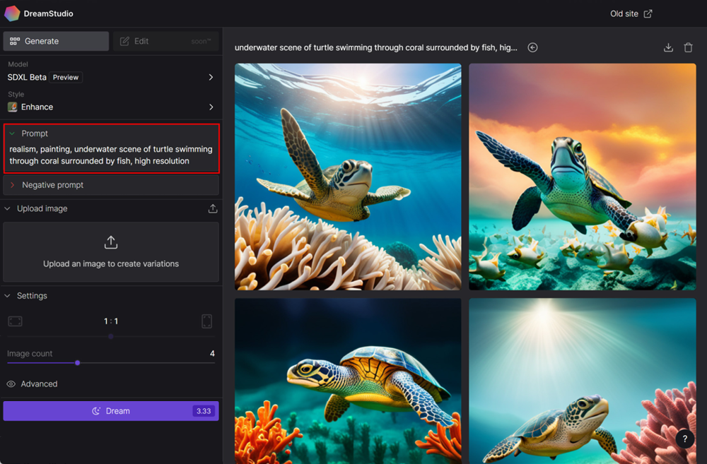 Figure 3. The DreamStudio web interface with the Prompt field highlighted