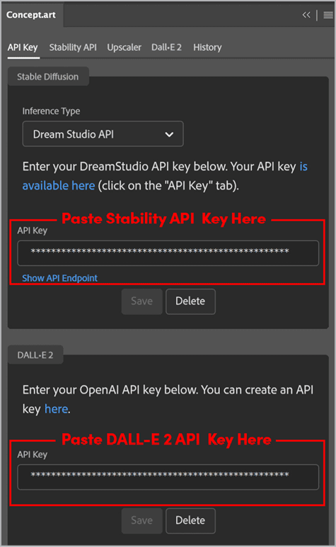 Figure 9. Paste the API keys into the API Key tab of the Concept.art plug-in.