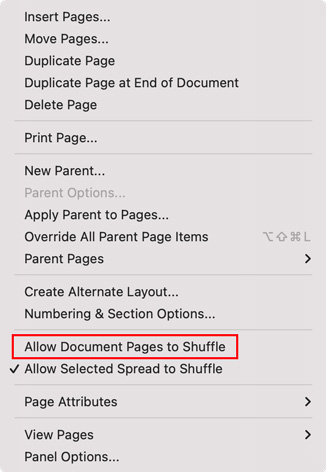 All Document Pages to Shuffle turned off in InDesign