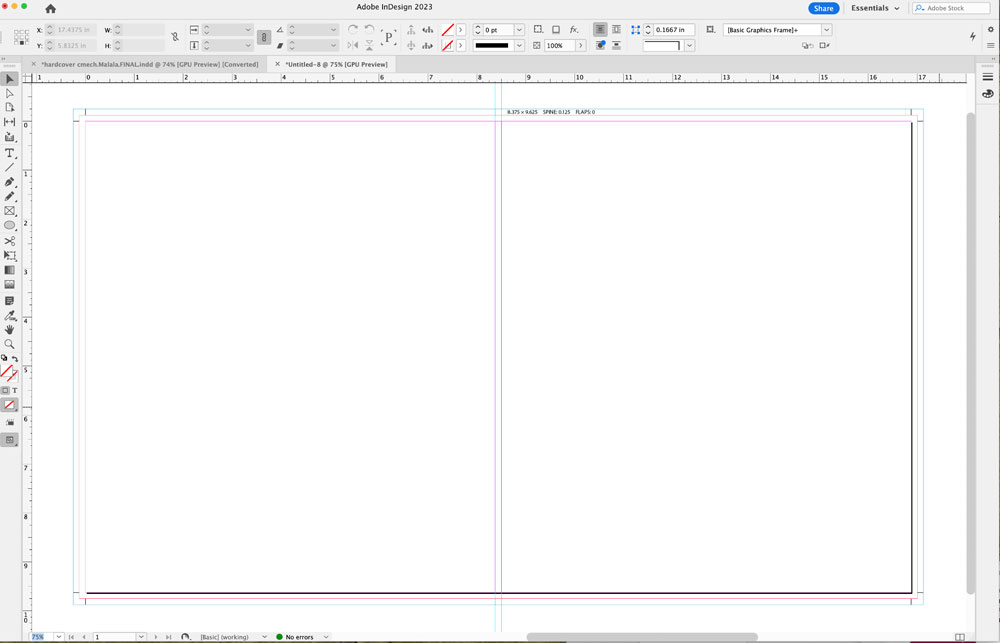 FIGURE 6. A new InDesign file with guides for spine, trim and bleed