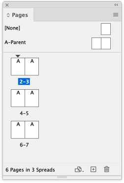 InDesign Pages panel with facing pages shifted left