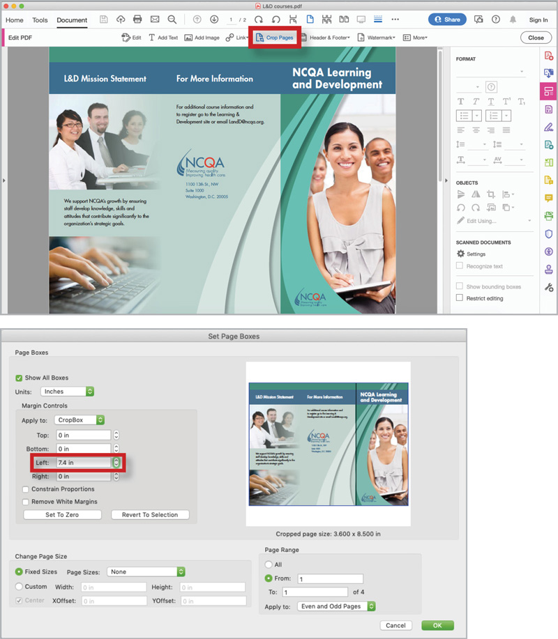 Figure 11. Drag duplicates of the outside page of your brochure design into your PDF, and then use Acrobat’s Crop tool to eliminate all but the individual panels, in the order that gives the reader of the digital file the same reading experience as the printed product.