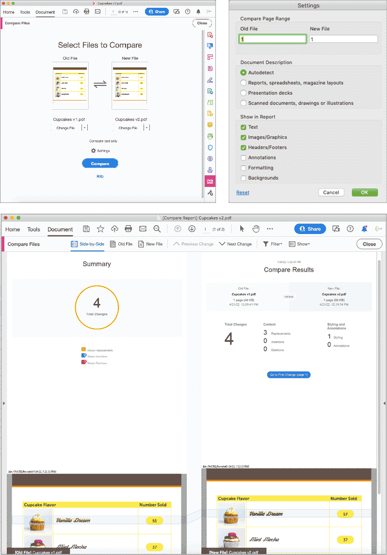 Figure 13. Acrobat’s Compare Files feature analyzes and highlights differences between two versions of the same PDF.